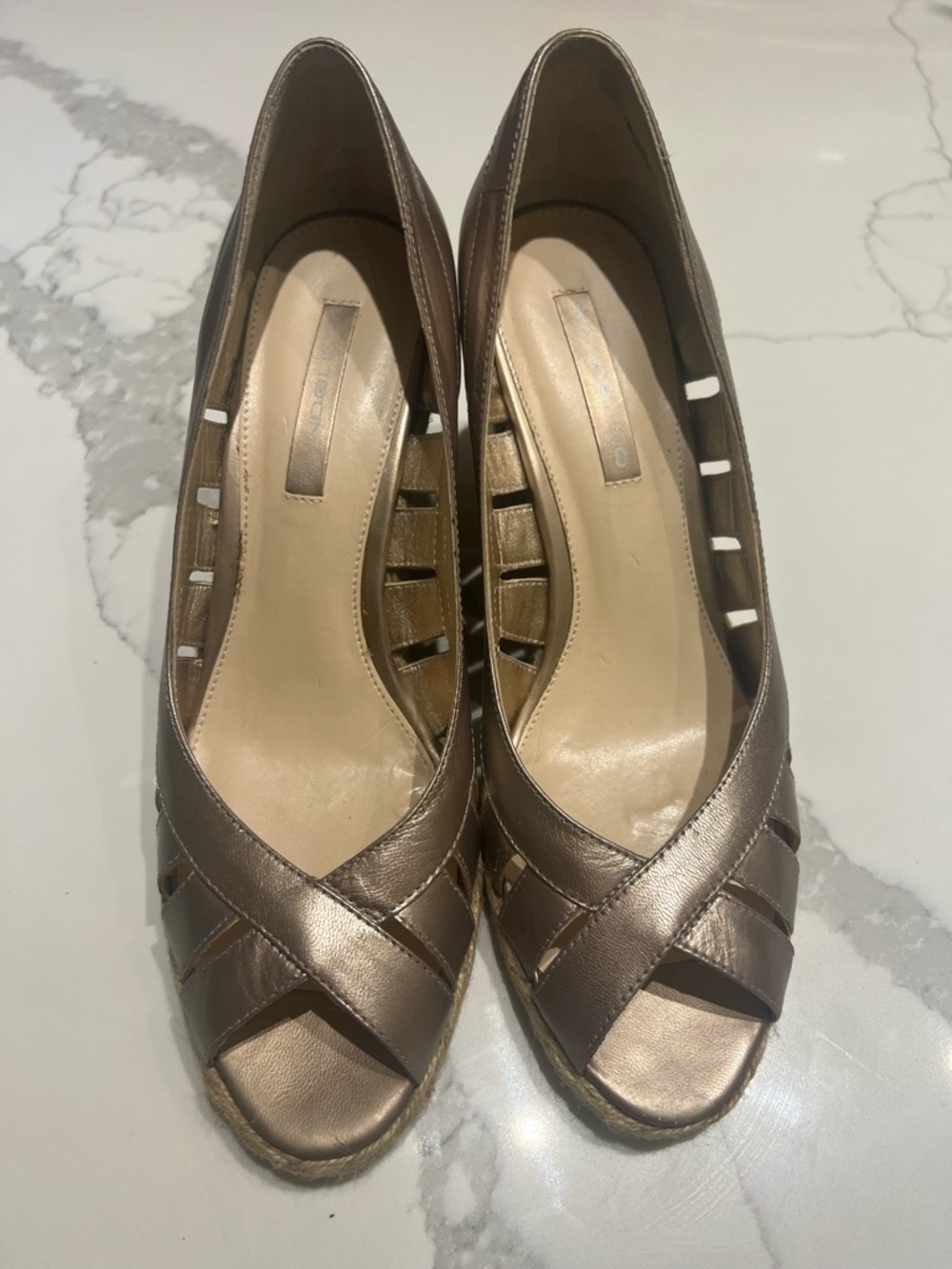 Bandolino Woven Peep-Toe Wedge Pumps — Metallic Taupe Leather